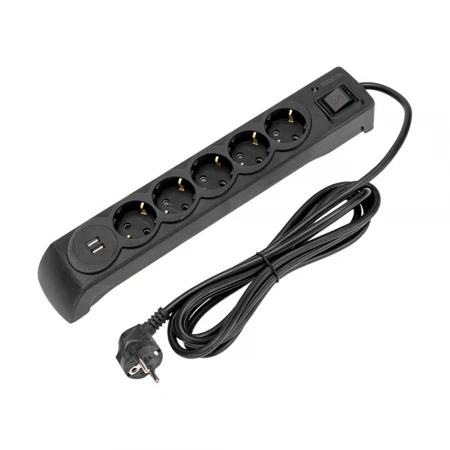 Фильтр сетевой 5 гнезд, 3м, 3х1,5мм², с автовыкл, 2 USB, черный KRANZ 13-4702